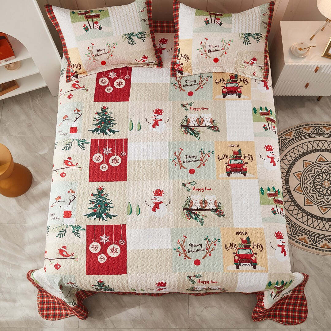3 Pcs Festive Christmas Patchwork Quilt Set – Holiday Bedspread Set