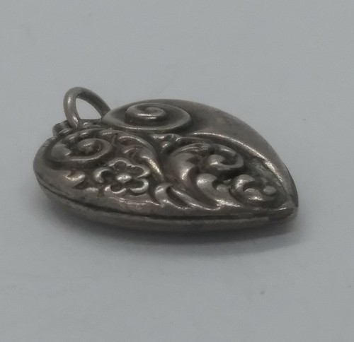 Antique Sterling Silver Cascading Floral Scroll Puffy Heart Charm