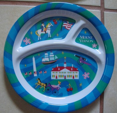 SET OF 3 PLASTIC CHILDREN'S DISH & SPOON/FORK SET W/ MT. VERNON THEME