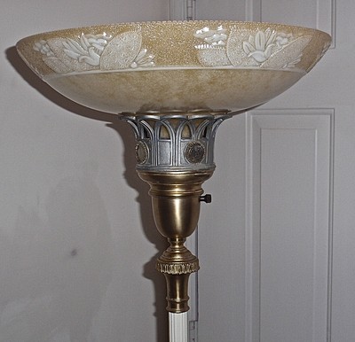 Vintage- Deco Torchiere Coin Floor Lamp with Caramel Embossed Floral Shade