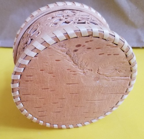 Birch Bark Hand Carved Round Trinket Box Russian