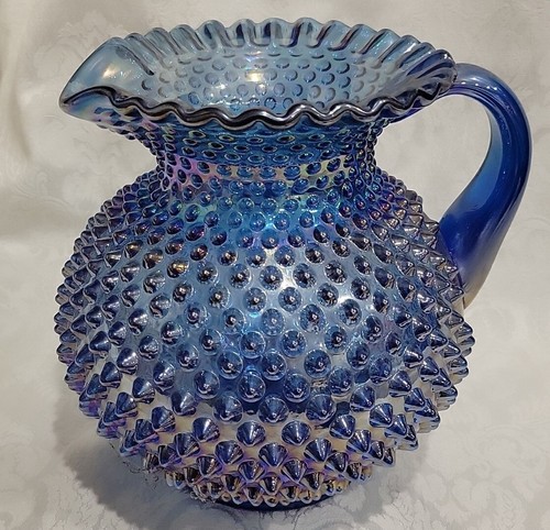 Fenton Art Glass Blue Iridescent Carnival Hobnail 8” Pitcher