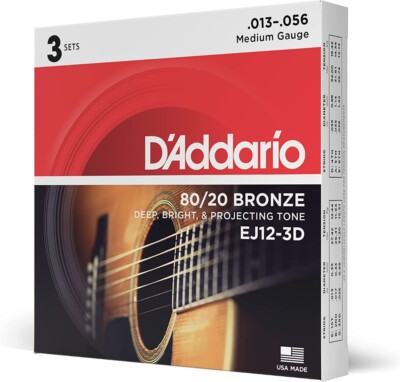 D'Addario EJ12-3D 80/20 Bronze, Medium 13-56 Acoustic Guitar Strings - 3 PACK