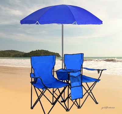 Beach Chair Folding Lightweight Double Camping Picnic Seat with Umbrella, Blue