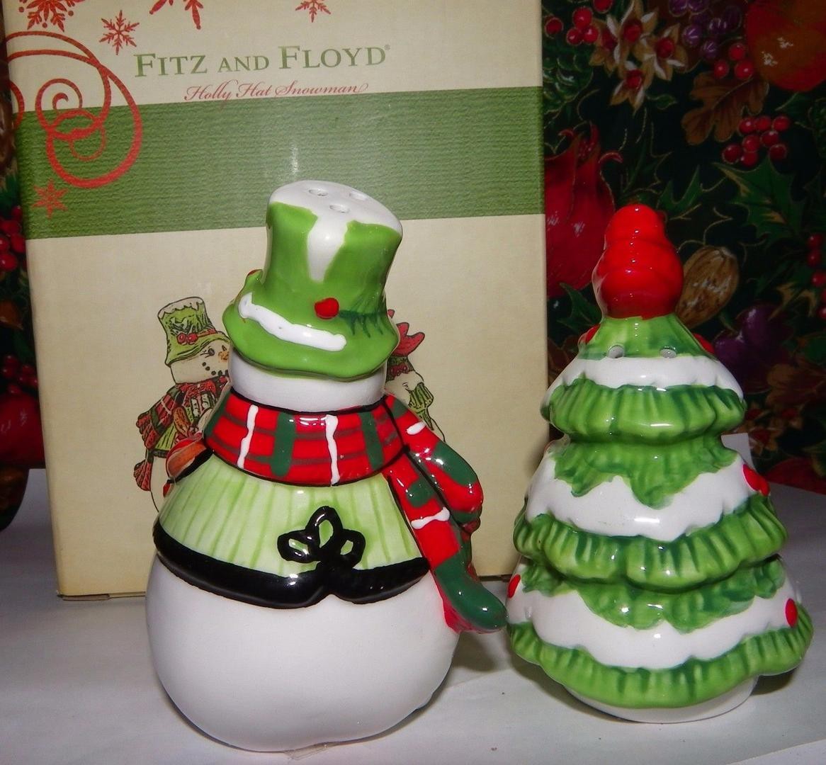 Fitz & Floyd Holly Hat Snowman Salt & Pepper Shakers Brand New In Original Box