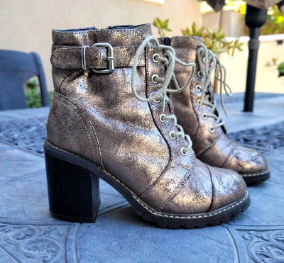 DIBA Carryn Metallic Crackle Gray Leather Lace Up Combat Chunk Heel Boots 6M eBay