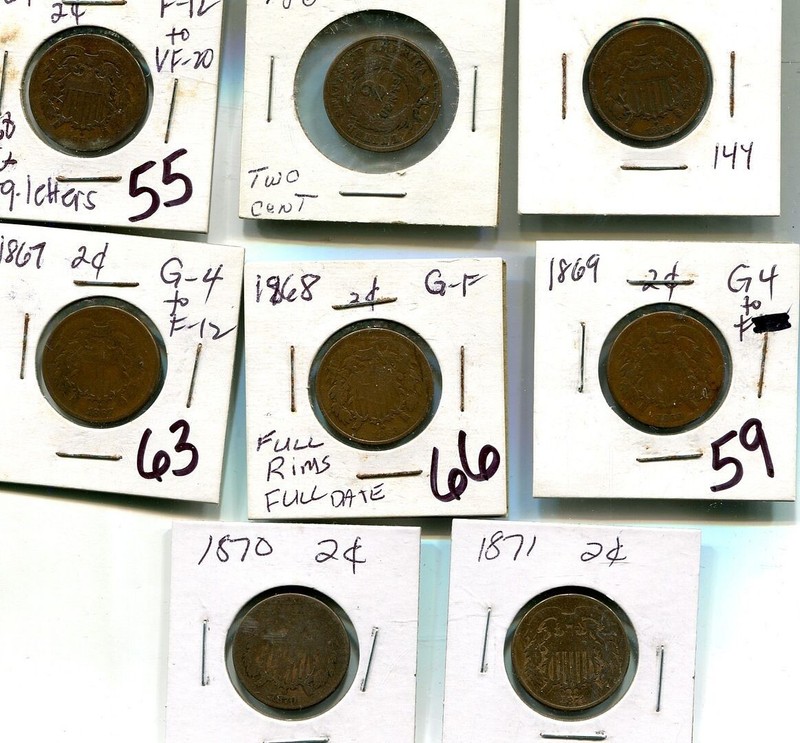 1864 - 1871 TWO CENT PIECE TYPE COIN LOT OF