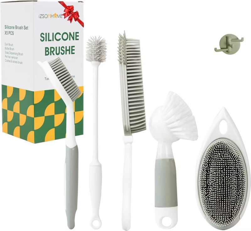 5PCS Kitchen Dish Brush Set, Bottle Brush, Scrub Brush with Soap Dispenser, Plat