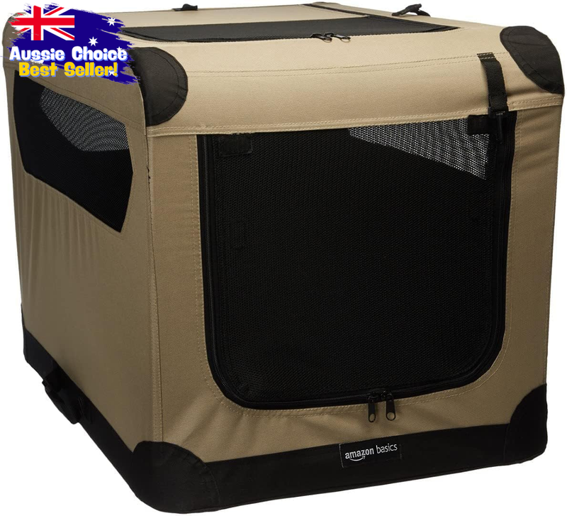 Medium 2-Door Soft Dog Travel Crate, Collapsible Folding Kennel, Tan 53x53x76cm