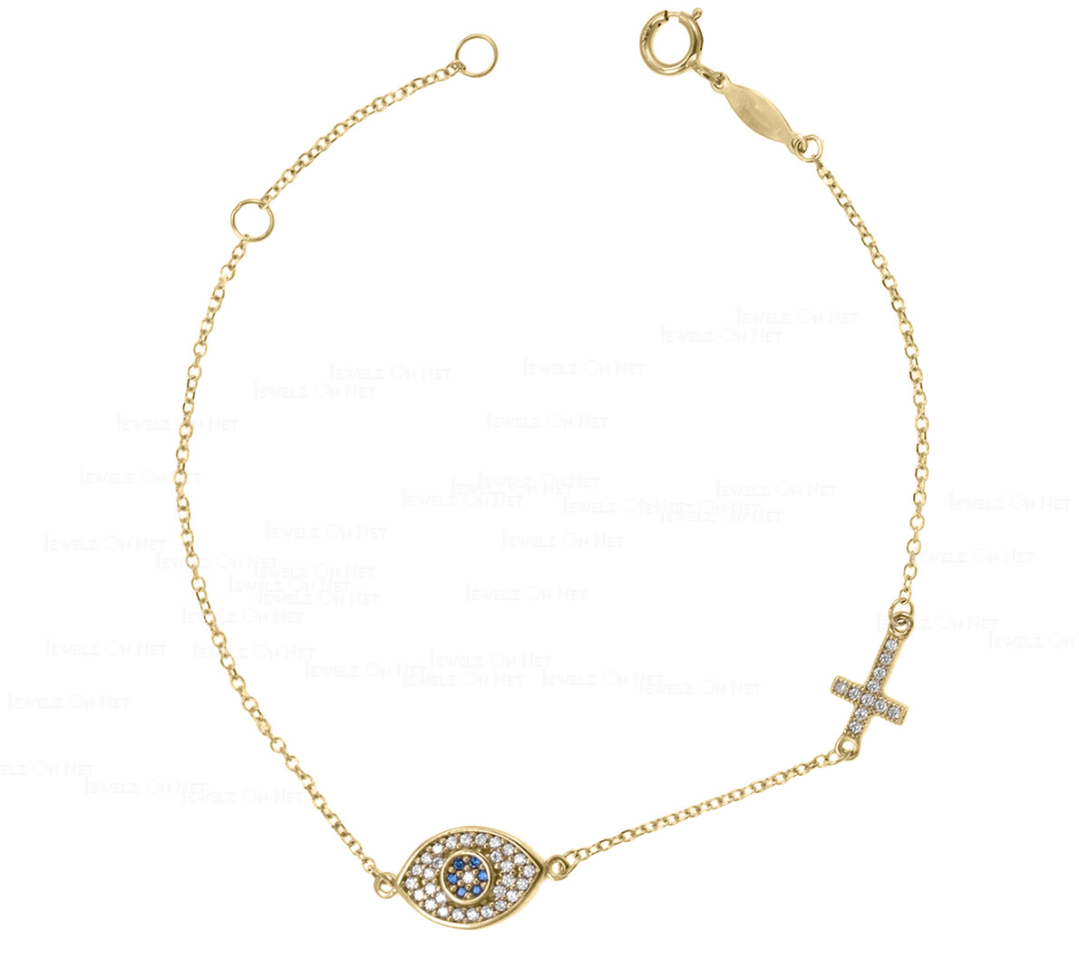 Pre-owned J.o.n 14k Gold Genuine Diamond And Blue Sapphire Evil Eye And Cross Charm Bracelet In Yellow