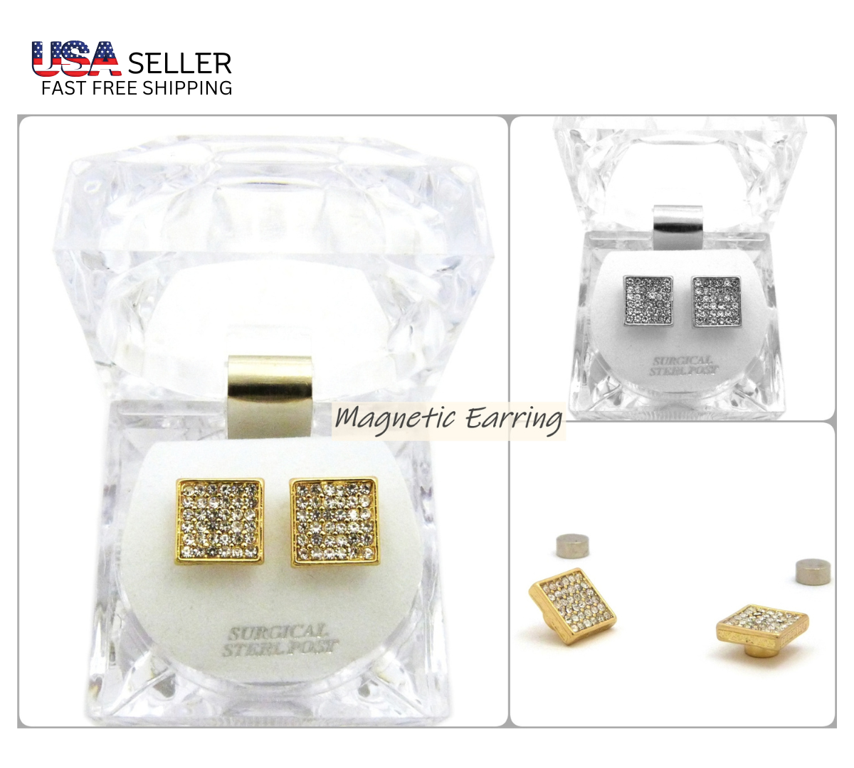 8.9mm Rhinestone Square Shape Magnetic Stud Earring No