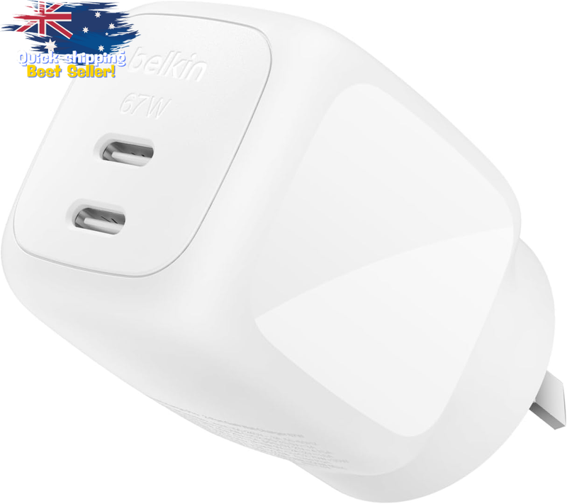 67W GaN USB-C Wall Charger Dual Port Fast Charge Compact for 2 Devices White