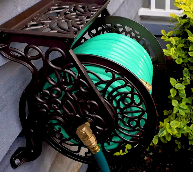 Decorative Cast Aluminum Garden Hose Reel, Holds 125 Ft Hose - Bronze