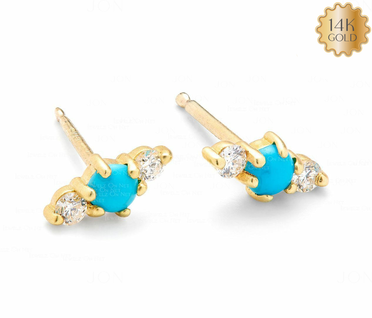 14K Gold Diamond Turquoise Mini Stud Earrings for Women 0.82 ctw New