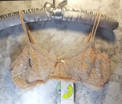 NWT Honeydew Intimates Floral Lace Lined Bralette Medium wirefree Beige & Aqua 
