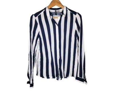 H&M Divided Blue and White Wide Stripe Button Down Shirt Size 0 New With Tags