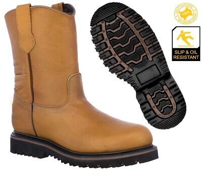 Mens Work Boots Genuine Leather Slip Resistant Light Brown Soft Toe Bota Trabajo