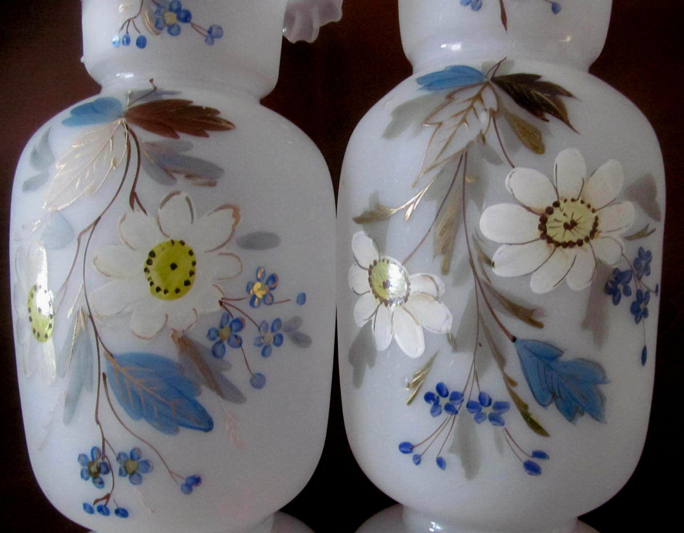 Pair~1800s Victorian Antique Satin Glass Tall Mantel Vases~Hand Painted Flowers