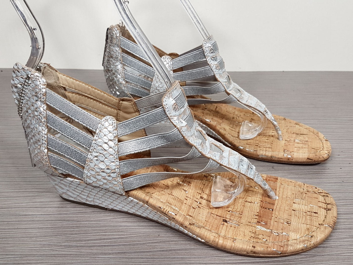 Donald Pinder Deena Snake Embossed Wedge Sandal Cork & Silver Womens Size 7.5 M