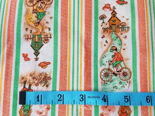 vtg 70's fabric Juvenile pastoral scene stripe 1+ yd