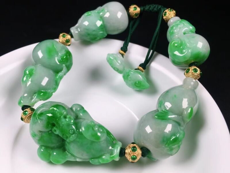 Emerald Green 100% Natural Jadite Jade Gourd Beads Bracelet Bangle 福禄 0325