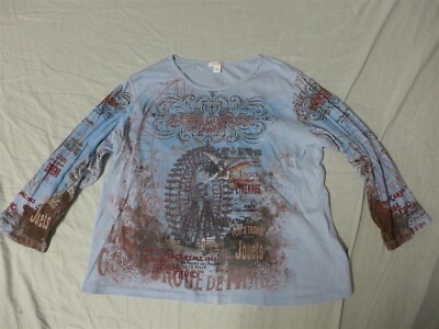 DRESSBARN Blue ''La Grande Roue de Paris'' All-Over-Print +Rhinestone Shirt/Top 3X