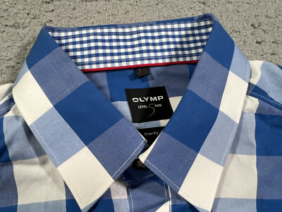 Olymp Level Five Shirt Adult Large 16 Blue White Check Body Fit Button Up Mens