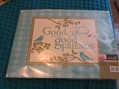 Paula Deen NIP 2010 6 Teal  Birds Paper Placemats ''Good Food With Good Friends''