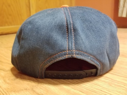 Vtg Vigorena Denim Orange Baseball Cap Snap-A-Tab Adjustment Fits 7-1/8 to 7-5/8
