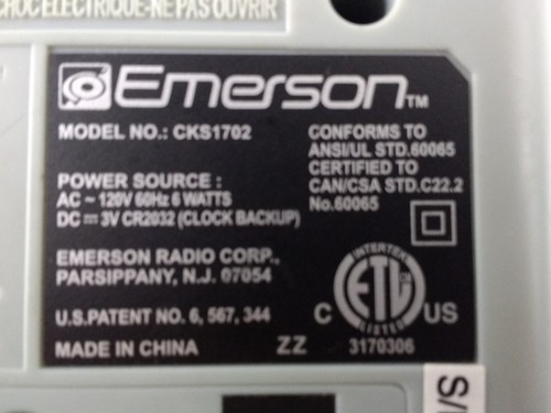Emerson model CKS1702 Clock Radio lighted display alarm clock.