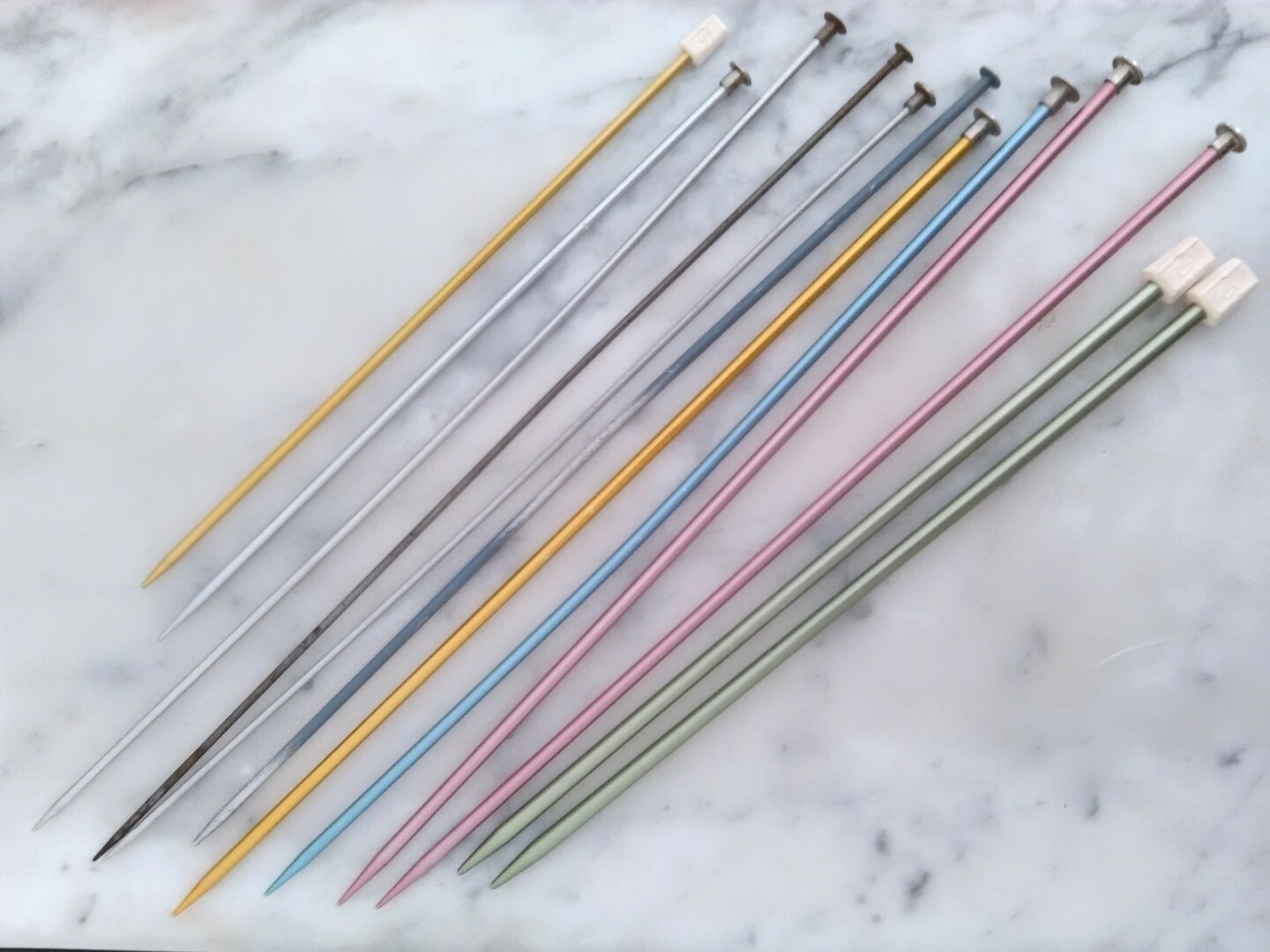 Lot of 12 Vintage Metal Knitting Needles Various Sizes & Colors GUC