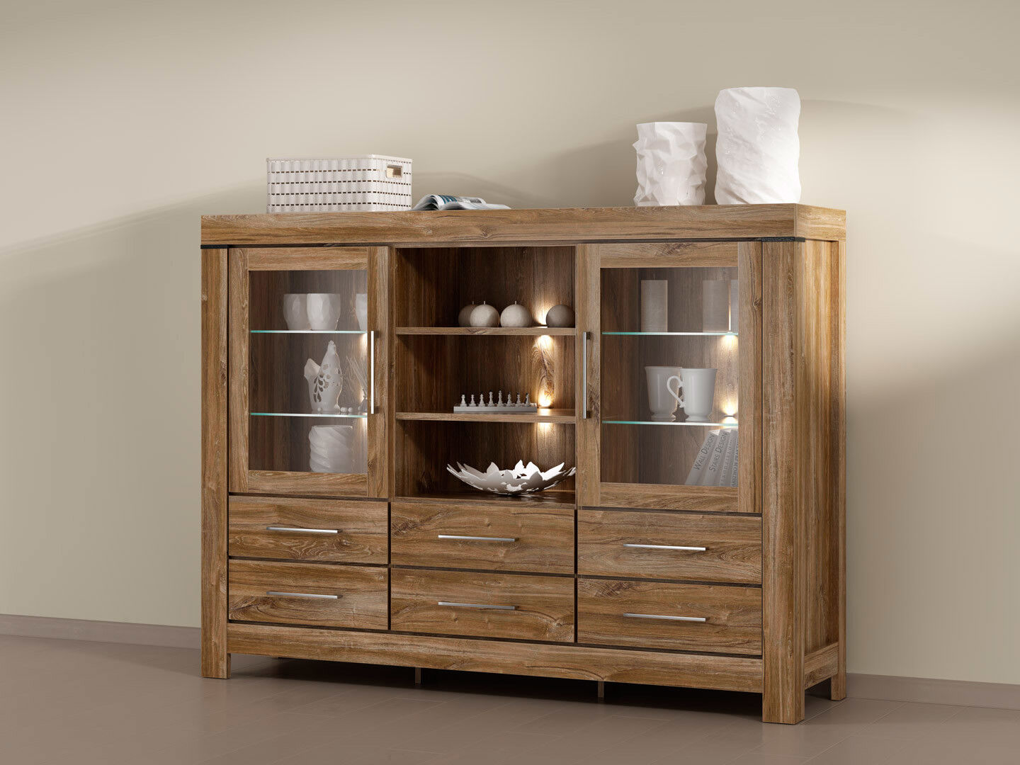 Large Oak effect Sideboard Dresser Display Glass Cabinet LED Light Unit