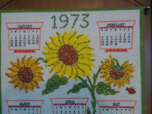 Vintage Retro Sunflower Felt Sequin 1973 Hanging Wall Calendar