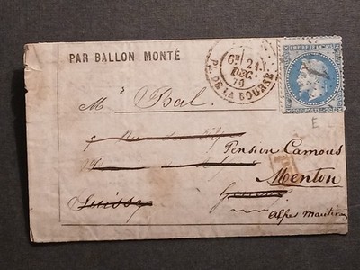 lettre France ballon monté le Lavoisier 21 décembre 1870 pour Menton par Genève 