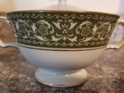 Vintage Bristol Spanish Scroll Green White Gold Sugar Bowl