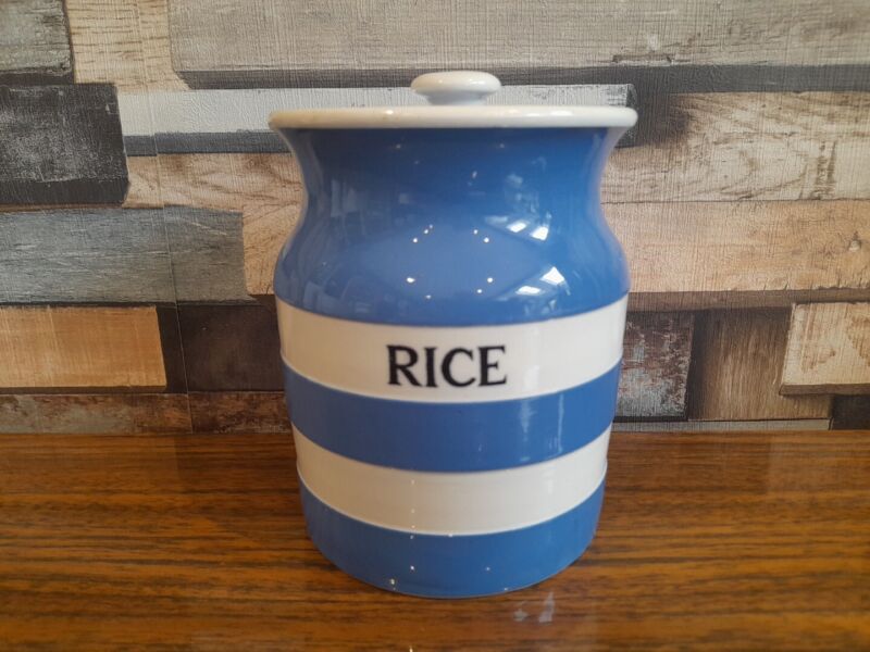 Tg Green Cornishware Blue White Rice Storage Jar Lidded Vintage Blackstamp 