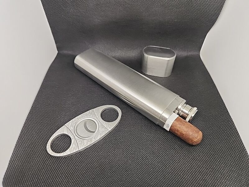 Flask Cigar Case With Funnel,stainless Steel 2oz Flask Cigar Case & Cigar Cutter
