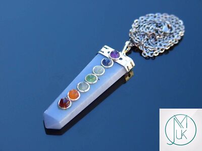 Angelite 7 Chakra Flat Natural Gemstone Pendant Necklace 50cm Healing Stone