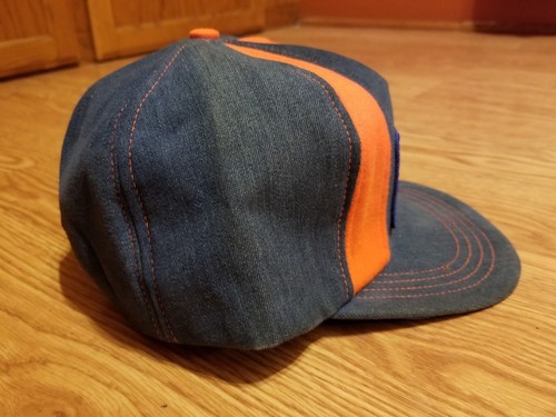 Vtg Vigorena Denim Orange Baseball Cap Snap-A-Tab Adjustment Fits 7-1/8 to 7-5/8