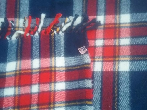 Vintage Wool (or blend) Blanket Throw soft blue red white yellow plaid classic