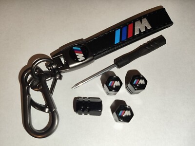 BMW M3 M4 Sport M Performance Series Leather & Zinc Keychain & Valve Cap Set FOB