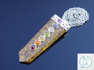 Calligraphy Stone 7 Chakra Flat Natural Gemstone Pendant Necklace 50cm Healing