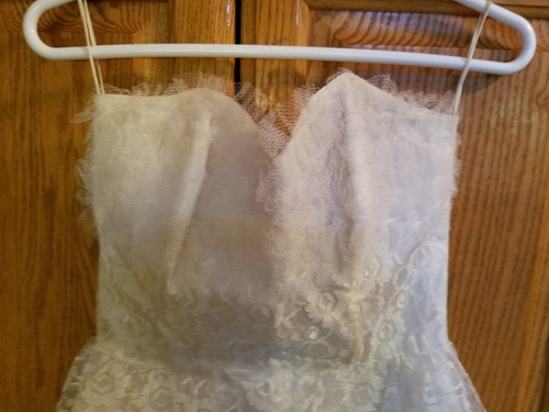 Vintage Lace Satin Ivory Cream Formal Wedding Dress Knee Length Strapless Jacket