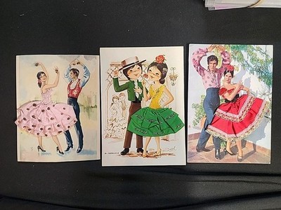 Vintage Spanish Postcards 3D Cloth Flamenco Dancer Retro Mixed Lot of 3 Spain