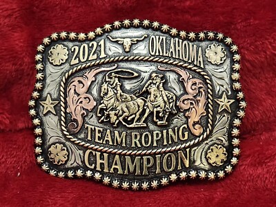 CHAMPION TEAM ROPING TROPHY RODEO  BUCKLE PROFESSIONAL OKLAHOMA 2021 RARE J38