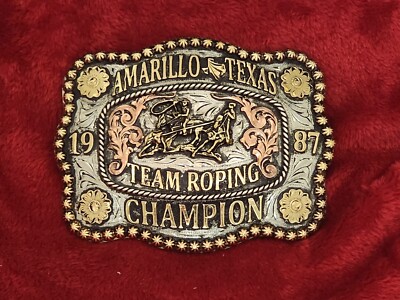 TEAM ROPING PRO RODEO CHAMPION TROPHY BUCKLE AMARILLO TEXAS 1987 RARE 790