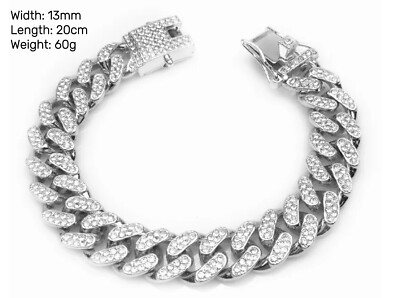 Iced 13mm Cuban Link Chain Cubic Zirconia Silver Bracelet Thick Bling Men Women