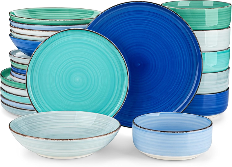 Bonita Dinnerware Sets 24 Pieces, Blue Stoneware Dishes Set for 6, Dinner Platers with Bowls Set, Dishwasher and Microwave Safe