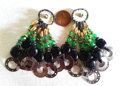 Big beaded black and green dangle pierced statement earrings