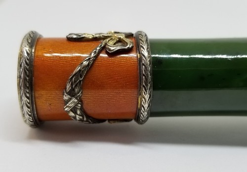 FABERGE Parasol Imperial Russian Silver Nephrite Jade Diamond Enamel Guilloche